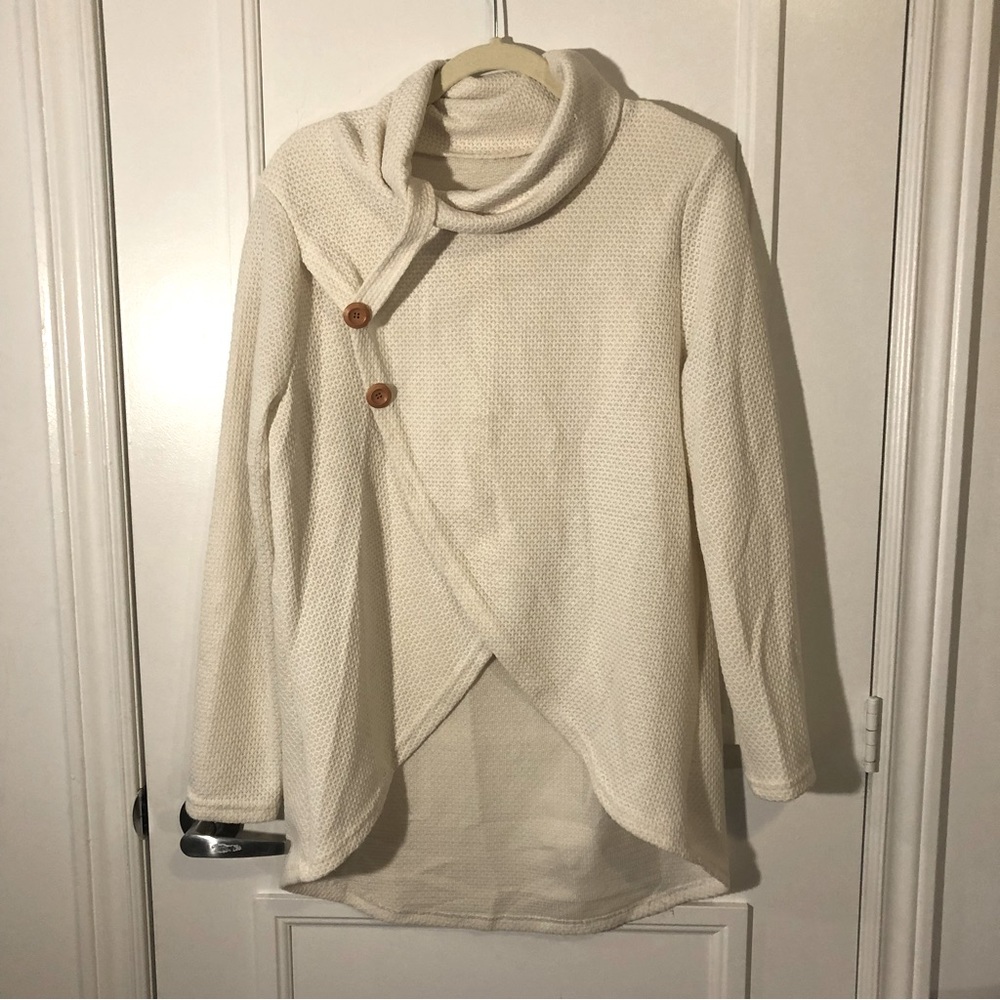 Turtleneck /Cowl Neck Sweater, Long, with Button Detail, Cream, Women’s …